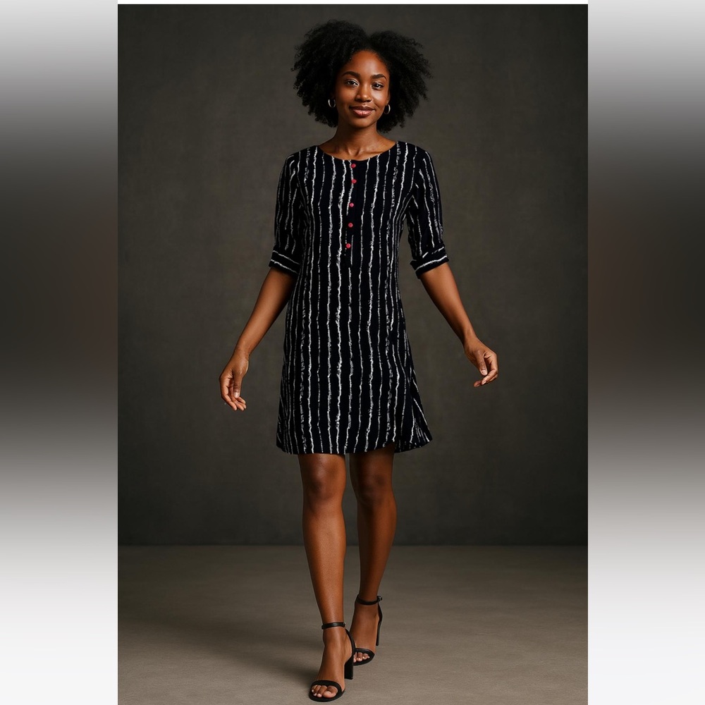 Fusion Black and White Striped Elbow Sleeve High-Low Tunic Dress w/ Red Buttons